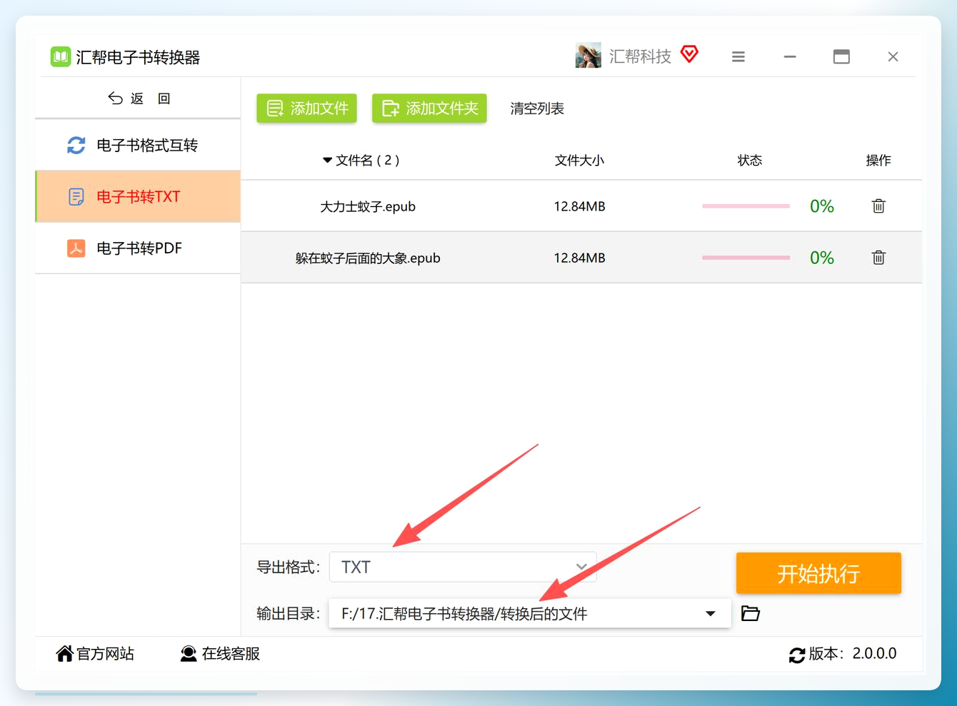 设置导出格式为TXT并指定输出目录
