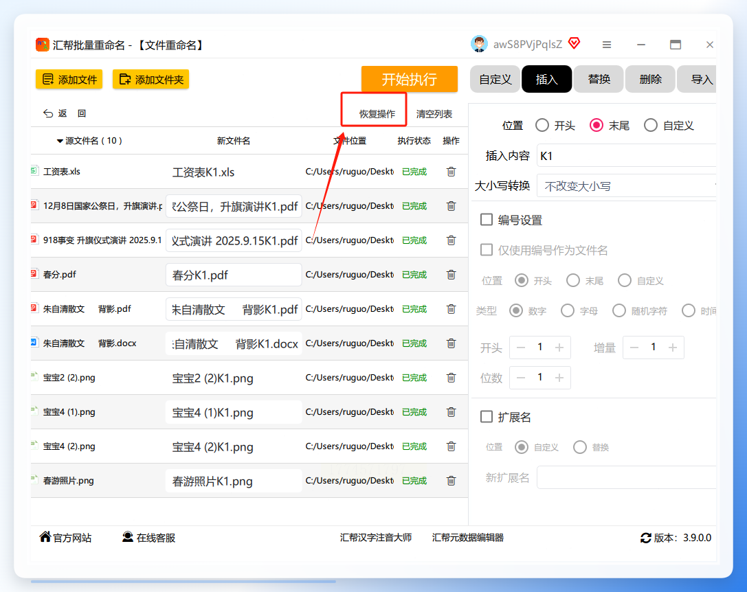 执行完成与恢复操作入口