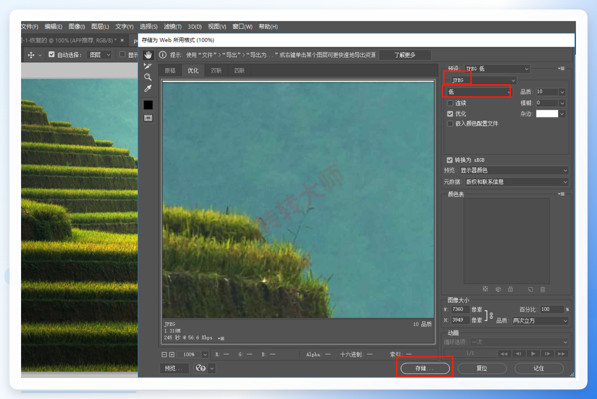 Photoshop Web格式转换窗口设置JPEG低品质