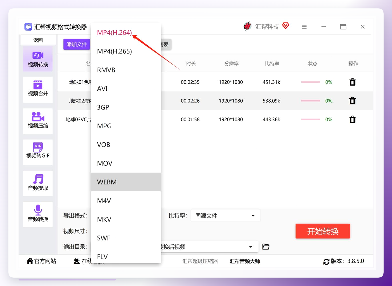 选择MP4输出格式