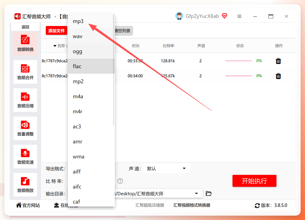 音频输出参数设置面板截图
