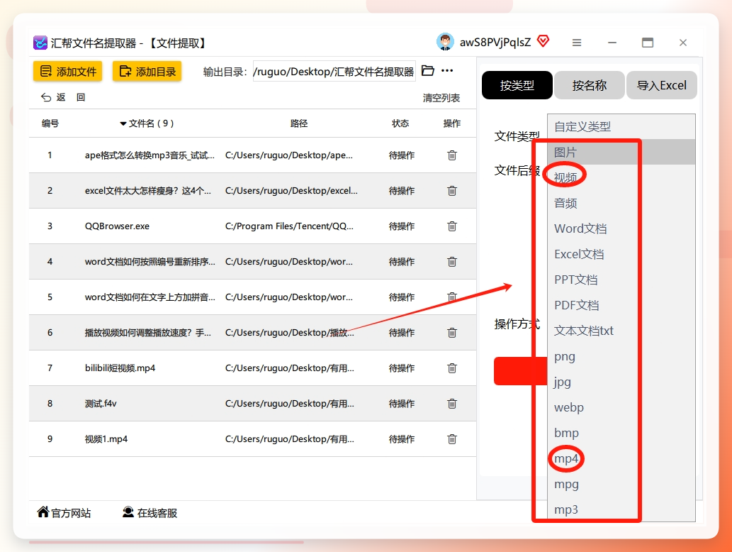 在右侧选择需要提取的文件类型，如视频、文档等