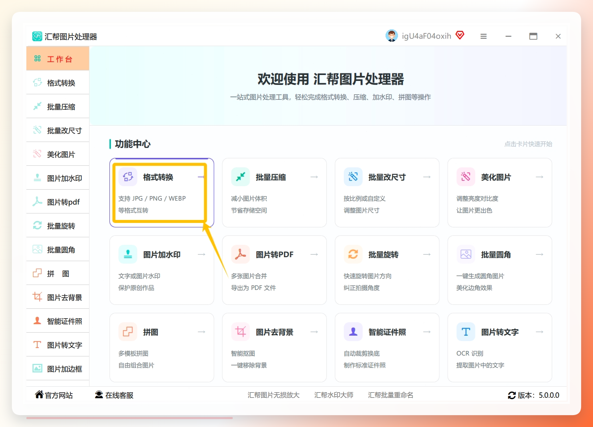 打开软件后，在左侧功能栏中点击“格式转换”选项，进入转换界面