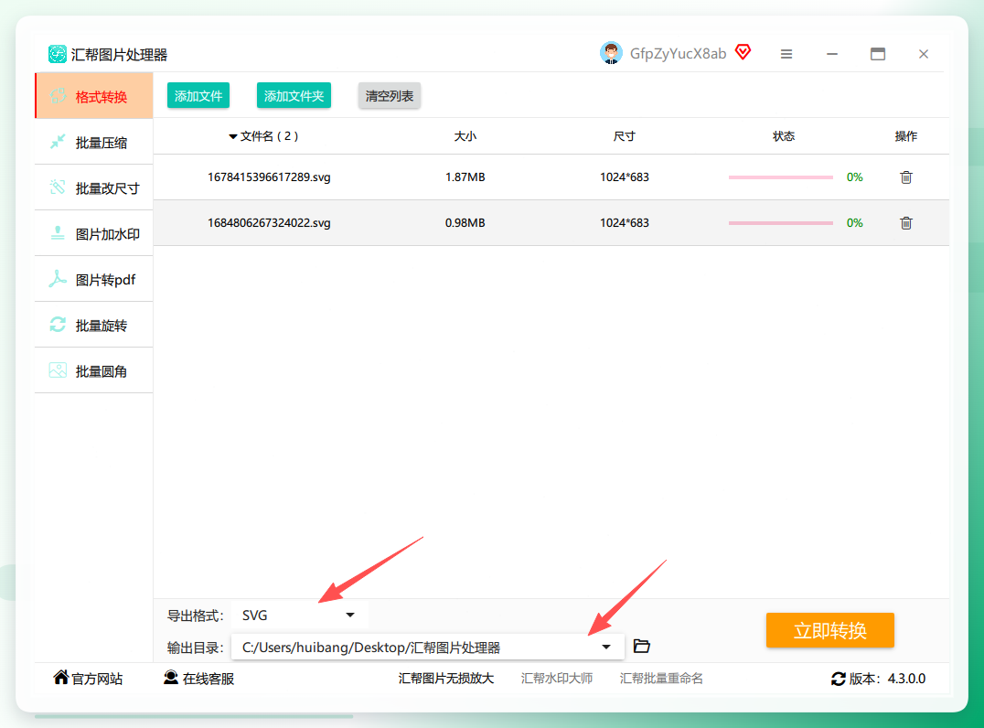 选择导出格式和输出目录