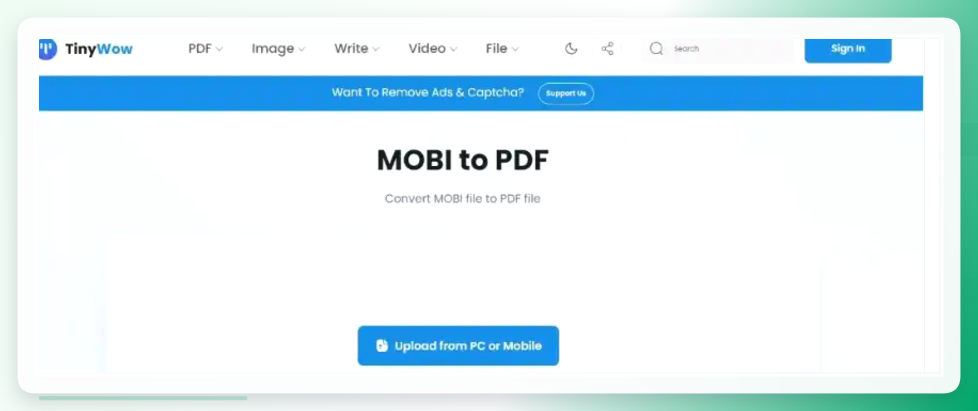 TinyWow上传MOBI文件
