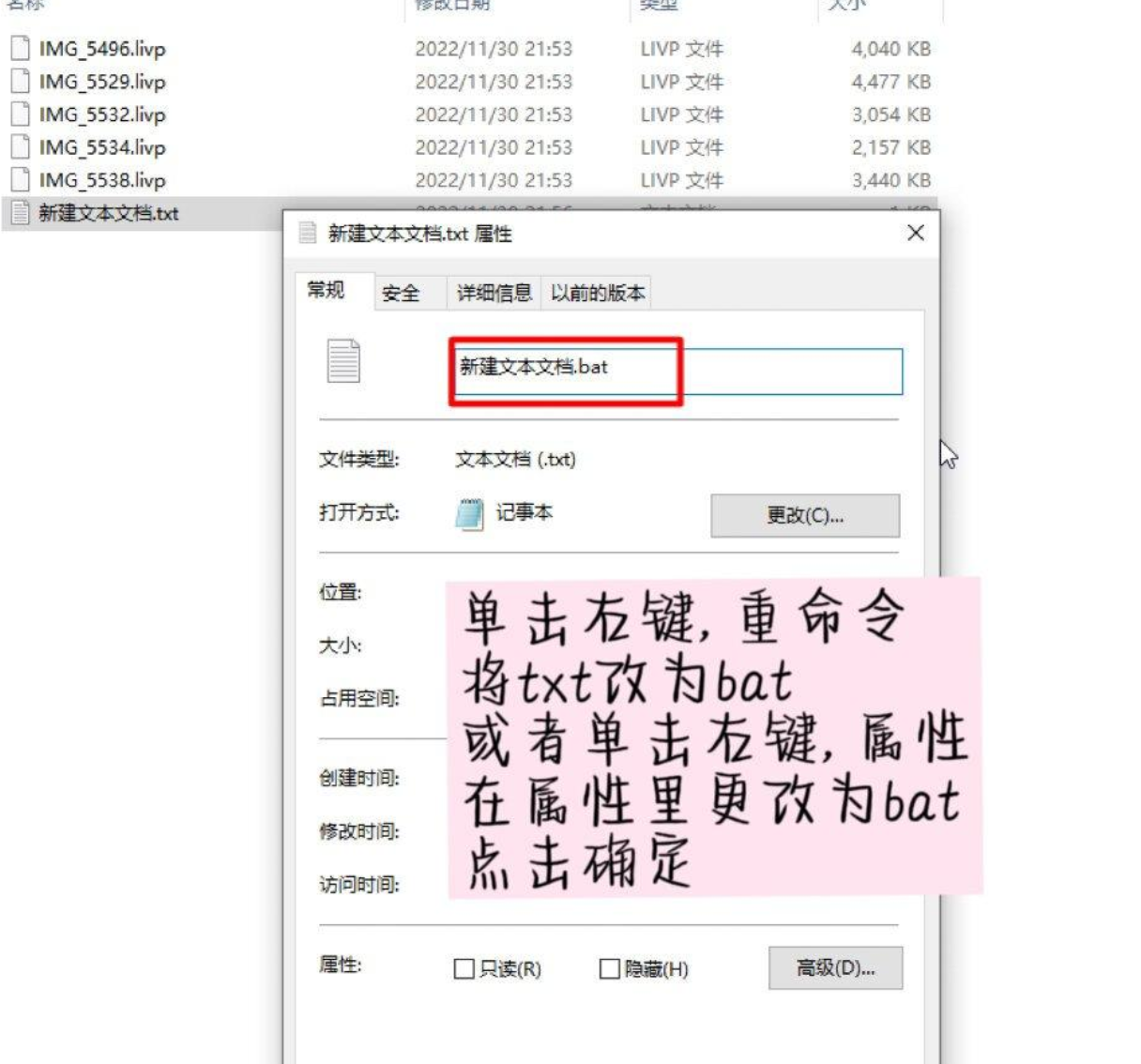 重命名txt为bat