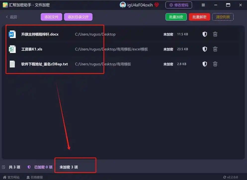 软件界面展示待加密文件列表